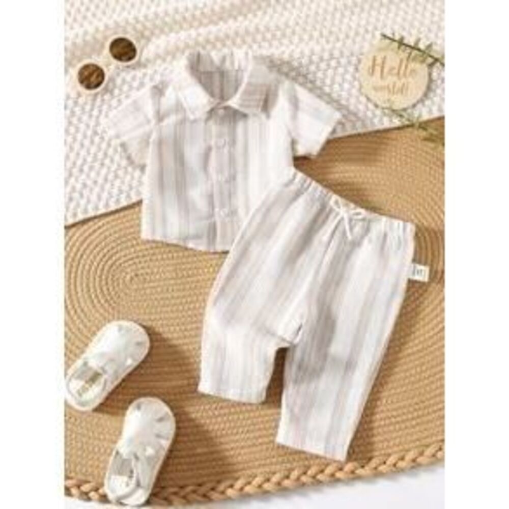 Newborn Baby Boy Casual Striped Short Sleeve Shirt & Elastic Waist Pants 2 Piec…